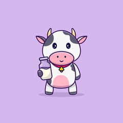 Obraz na płótnie Canvas Cute cow standing and smile holding milk cartoon vector illustration