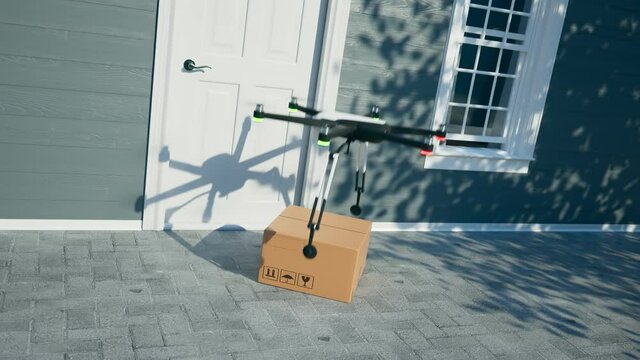 Hexacopter drone delivering packages with protective masks directly to a client.