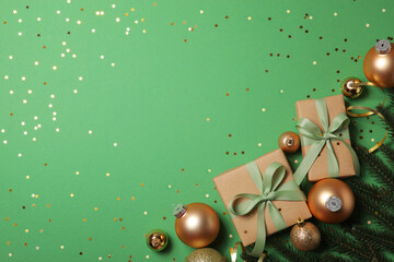 Christmas decorations and gifts on a colored background top view