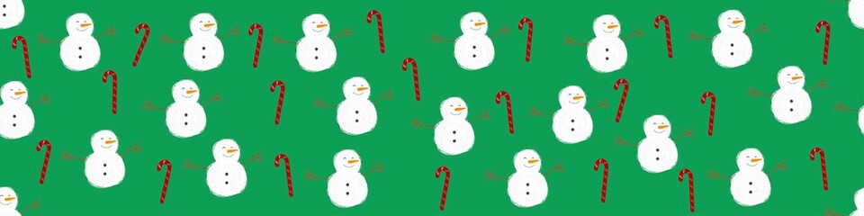Snowman with Christmas candy on a green background. Seamless pattern. 