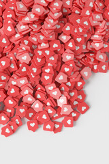 Large group of red like icons on a white background. 3d render illustration