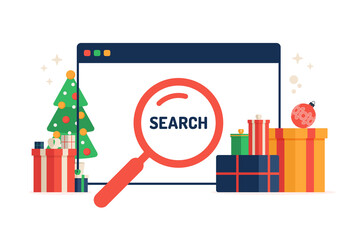 Online christmas search shopping holiday sale concept. New year vector illustration concept for gift delivery service, e-commerce, online shopping.