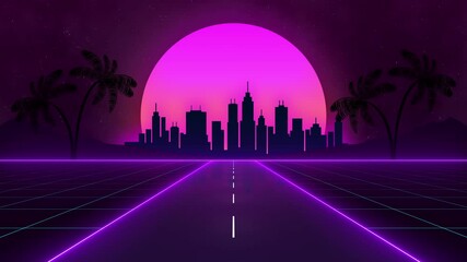 retro-futuristic 80s style with neon city backgrounds. Seamless loop of cyberpunk cityscape with a moving grid floor. VJ synthwave looping 3D animation for music video - Powered by Adobe