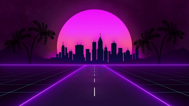 retro-futuristic 80s style with neon city backgrounds. Seamless loop of cyberpunk cityscape with a moving grid floor. VJ synthwave looping 3D animation for music video