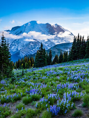 colorful wild flowers on the meadows of the sub alpine landscape in Mt. Rainier National park with...