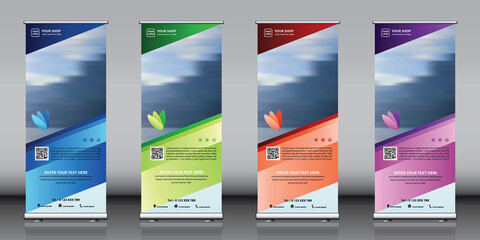 Roll up banner set. Standee design templates. Diagonal shape blue, green, red, purple color 4 in 1 vector.