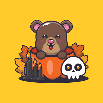 Cute bear in halloween pumpkin. Cute halloween animal cartoon illustration.