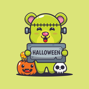 Cute bear with frankenstein costume holding halloween greeting stone. Cute halloween animal cartoon illustration.