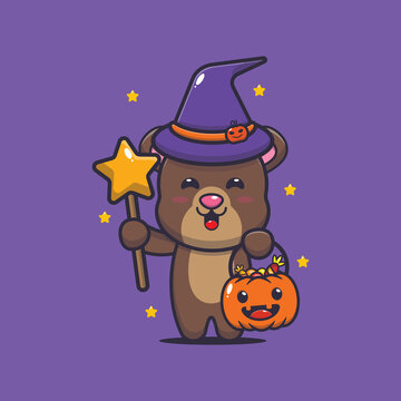 Cute bear with witch costume in halloween day. Cute halloween animal cartoon illustration.