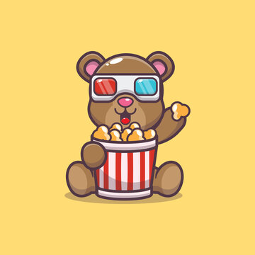 Cute bear eating popcorn and watch 3d movie. Cute animal cartoon illustration. 