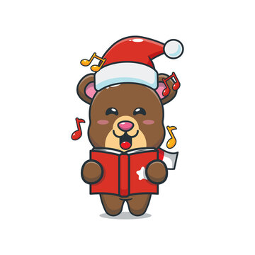Cute bear sing a christmas song. Cute christmas animal cartoon illustration. Vector isolated flat illustration for poster, brochure, web, mascot, sticker, logo, icon, etc. 