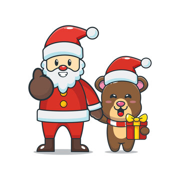 Cute bear with santa. Cute christmas animal cartoon illustration. Vector isolated flat illustration for poster, brochure, web, mascot, sticker, logo, icon, etc. 