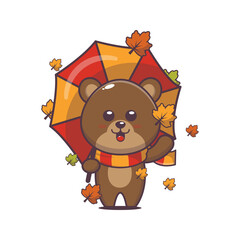 Cute bear with umbrella. Cute autumn animal cartoon illustration. Vector isolated flat illustration for poster, brochure, web, mascot, sticker, logo, icon, etc. 