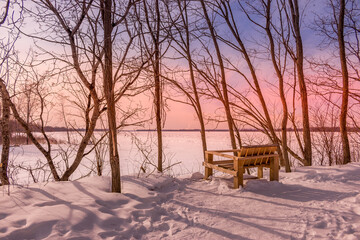 Wooden chair by the frozen Ottawa riverside