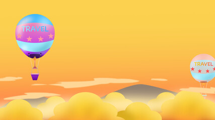 Concept objects travel. blue balloon floating in the yellow sky  at sunset. Illustration 3D for content balloons travel, relax time, happy holiday 
