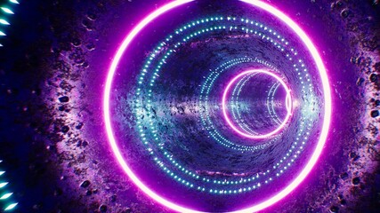 Glowing Neon Circle Light Rusty Metal Tunnel 3D Rendering
