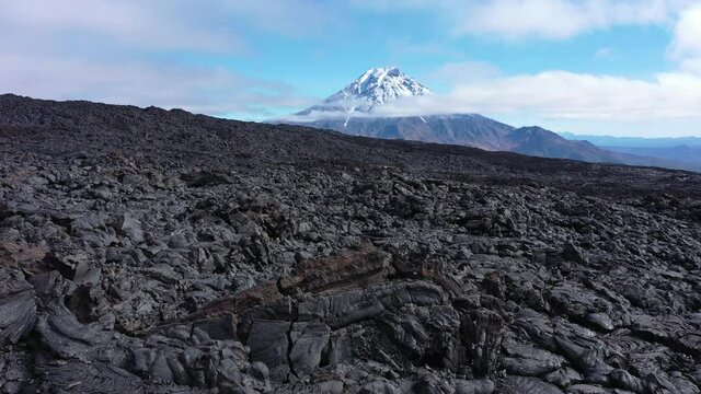 Frozen lava of volcano Tolbachick, Kamchatka. Drone video