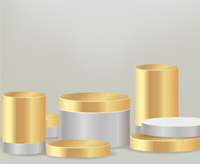 Modern white and gold cylinder pedestal podium, minimal, Stage for awards on website,  Abstract room,