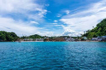 Tropical island view of La Laguna cove in Puerto Galera, Mindoro Island, Philippines.  Travel and landscapes.