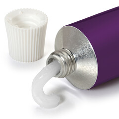 Open blue with yellow tube of ointment on a white background. Full depth of field. With clipping path.
