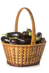 Eggplant in a wicker basket on a white background. Full depth of field. With clipping path
