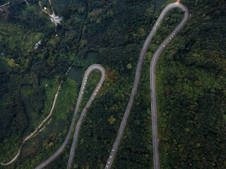 Curved serpentine asphalt automobile road on the way to Qingcheng mountain in Sichuan province, China. Misty day, drone aerial top down view. Surrounded by pine tree forests.