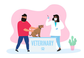 man and his dog in the veterinary clinic doctor veterinarian with syringe vaccinating a puppy vector illustration