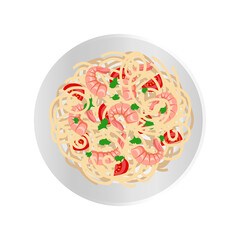 spaghetti pasta with shrimps cherry tomatoes parsley on plate top view vector illustration