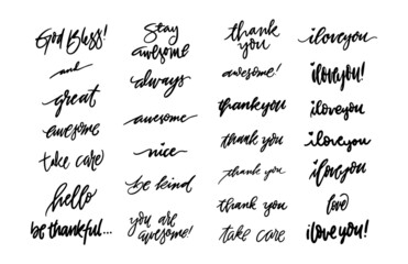 Set of hand drawn catchphrases, hand-painted expressions: thank you, hello, I love you