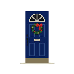 Blue wooden door with classic christmas wreath in green, red, gold colors. Vector illustration in flat cartoon style.