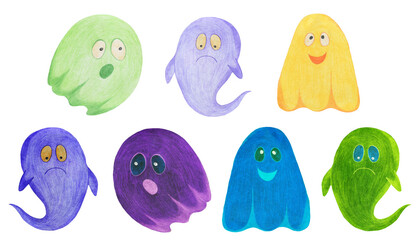 Set of Hand Drawn Halloween Ghosts Isolated on White Background.