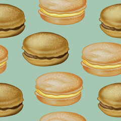 Digital illustration of food seamless pattern: hamburgers, burgers, sandwiches, burgers, chicken, burger on a blue background. High quality illustration
