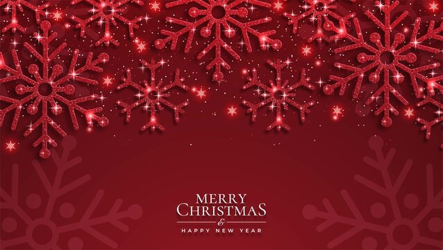 Christmas background with shining red snowflakes and snow. Merry Christmas card illustration on red background. Sparkling red snowflakes with glitter texture