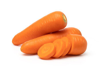 carrots and slices isolated on white background, clipping path.