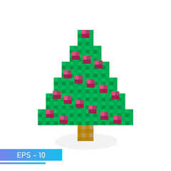 Pixel christmas tree in green color with red toys. Modern illustration. Flat vector illustration.