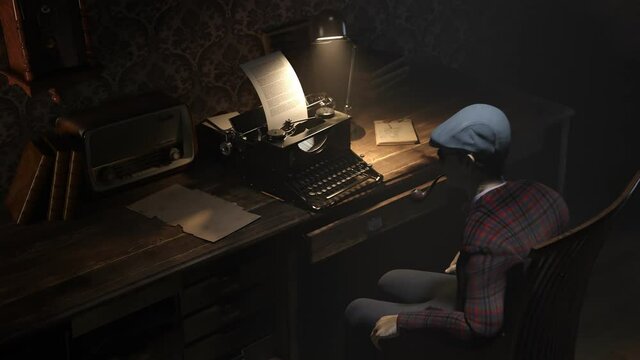 A writer seating in the rocking chair in front of the typewriter on his desk.