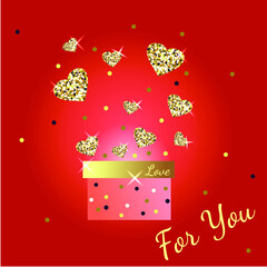 Vector greetings card "For You" with glitter hearts and box on red background
