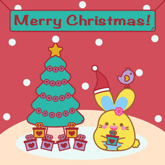 Merry Christmas greeting card. Winter snow background. Christmas tree, gift, adorable bird, sign. Happy cute bunny, red Santa Claus hat, kawaii rabbit animal cartoon smile doodle vector art design.