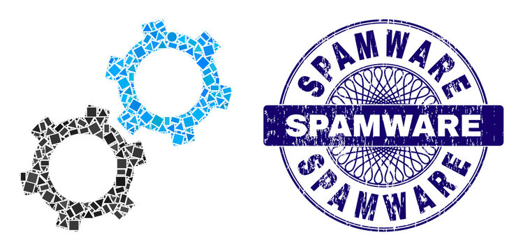 Geometric collage gears, and Spamware textured seal imitation. Blue seal contains Spamware tag inside circle shape. Vector gears collage is done with randomized spheric, triangle, rectangle items.