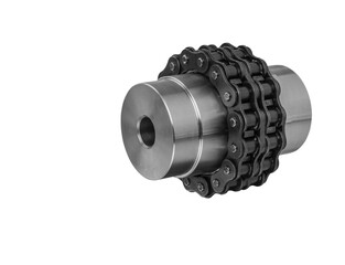 Chain gear is driven by an electric motor for industrial use on white background