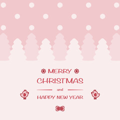 Sweet Merry Christmas greeting card. Happy winter snow, pine background. Merry Christmas text. Cute flower, ribbon, adorable bird, lovely Christmas decoration item. Vector illustration art design.