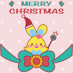 Merry Christmas greeting card. Winter snow background. Colorful big ribbon, adorable bird, decoration. Happy cute bunny, red Santa Claus hat, kawaii rabbit animal cartoon smile doodle vector design.