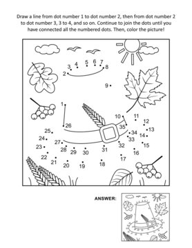 Thanksgiving Day holiday themed dot-to-dot, or connect the dots, else join the dots, picture puzzle and coloring page wth pilgrim hat hidden picture. Answer included.
