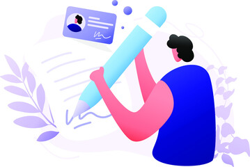 Handwriting Identiﬁcation flat illustration concept Identity Biometric Verification, dark blue, light blue, red color, minimal style, perfect for landing pages, templates, UI, web, mobile app, posters