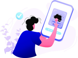 Identity Veriﬁcation flat illustration concept Identity Biometric Verification, dark blue, light blue, red color, minimal style, perfect for landing pages, templates, UI, web, mobile app, posters, ban