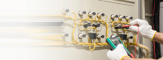 Electrical engineer tests the operation of the electric control cabinet on a regular basis for maintenance.