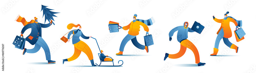 Aufkleber a set of characters in warm clothes. isolated vector characters with purchases.
