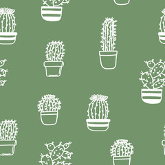 cacti in pots seamless pattern hand drawn. vector, plants, minimalism. trendy colors 2022. wallpaper background textiles wrapping paper.