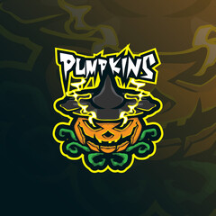 Pumpkin mascot logo design vector with modern illustration concept style for badge, emblem and t shirt printing. Angry pumpkin illustration for sport and esport team.
