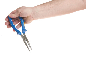 Hand holds pliers on a white background, template for designers.